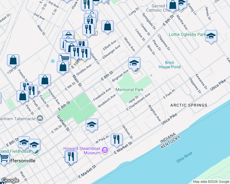 map of restaurants, bars, coffee shops, grocery stores, and more near 602 Crestview Court in Jeffersonville