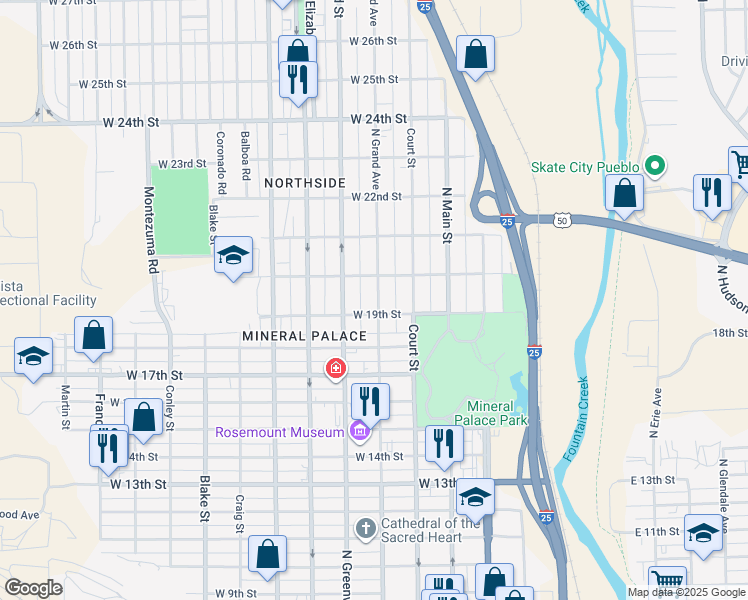 map of restaurants, bars, coffee shops, grocery stores, and more near 1907 North Grand Avenue in Pueblo