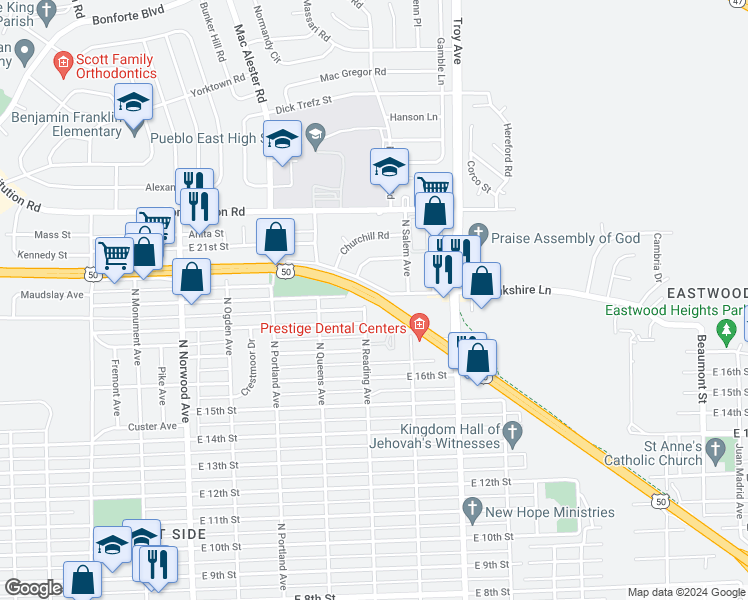 map of restaurants, bars, coffee shops, grocery stores, and more near 1900-1998 U.S. 50 in Pueblo