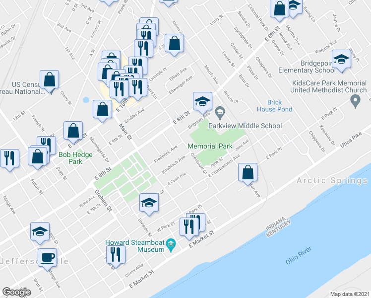 map of restaurants, bars, coffee shops, grocery stores, and more near 602 Crestview Court in Jeffersonville
