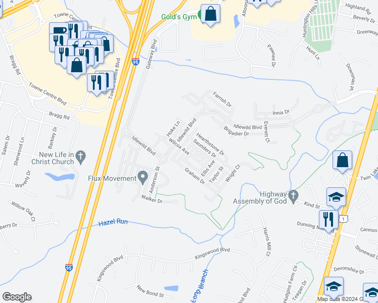 map of restaurants, bars, coffee shops, grocery stores, and more near 1131 Wilcox Avenue in Fredericksburg