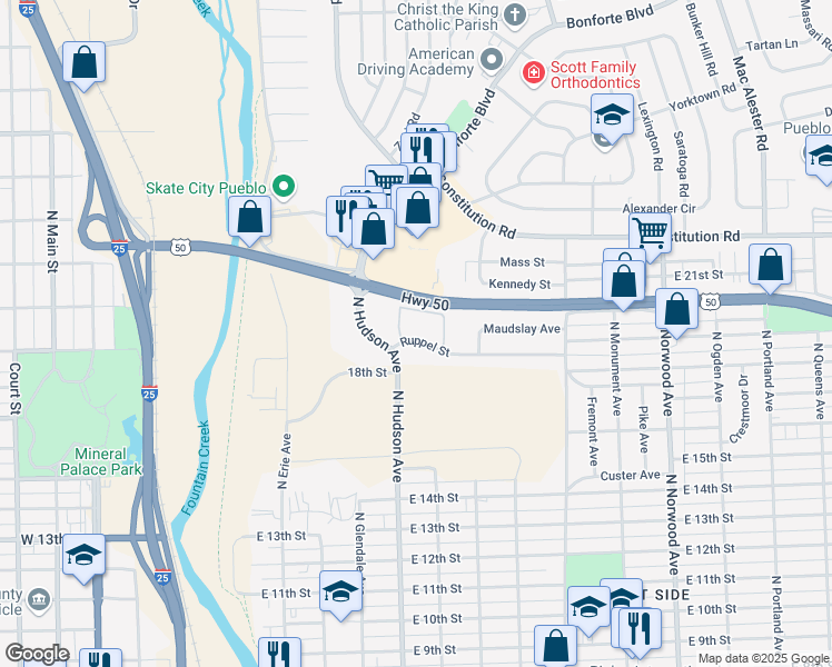 map of restaurants, bars, coffee shops, grocery stores, and more near 1902 North Hudson Avenue in Pueblo