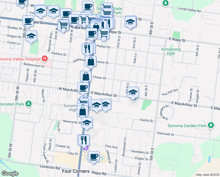 map of restaurants, bars, coffee shops, grocery stores, and more near 894 2nd Street East in Sonoma