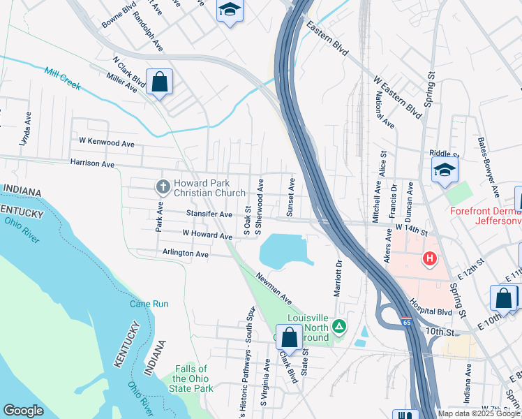 map of restaurants, bars, coffee shops, grocery stores, and more near 308 South Oak Street in Clarksville