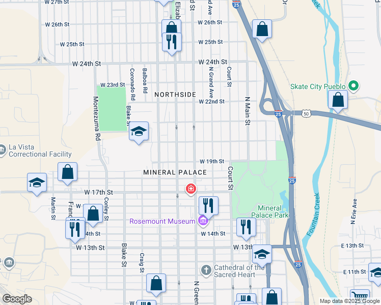 map of restaurants, bars, coffee shops, grocery stores, and more near 1915 North Greenwood Street in Pueblo
