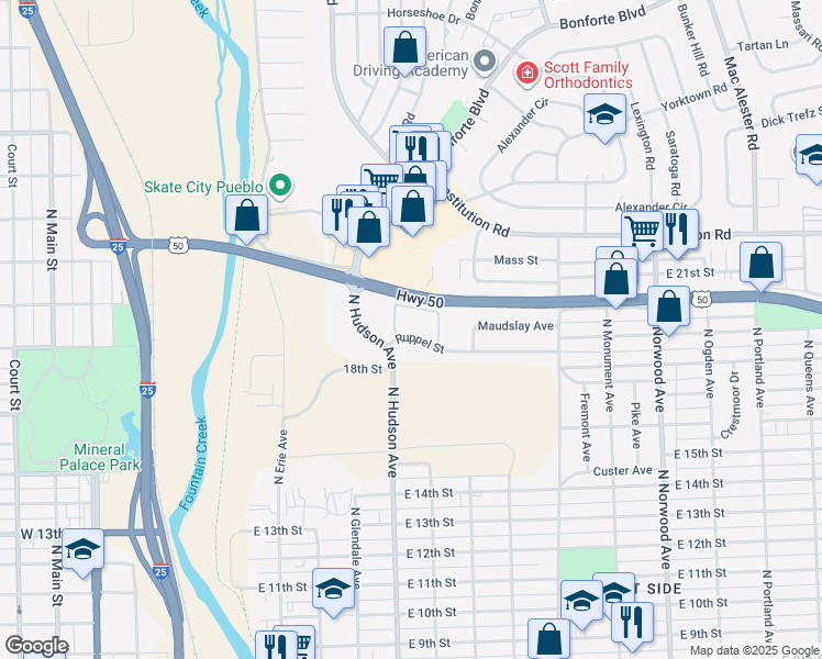 map of restaurants, bars, coffee shops, grocery stores, and more near 1005 Ruppel Street in Pueblo