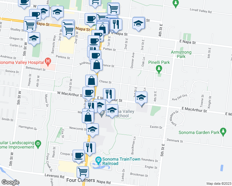 map of restaurants, bars, coffee shops, grocery stores, and more near 857 2nd Street East in Sonoma