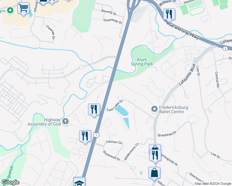 map of restaurants, bars, coffee shops, grocery stores, and more near 219 Twin Lake Drive in Fredericksburg