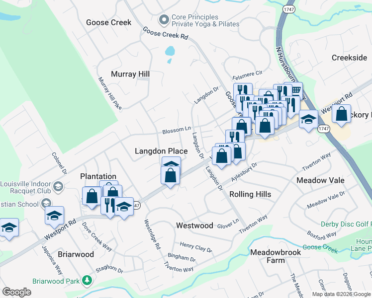 map of restaurants, bars, coffee shops, grocery stores, and more near 2701 Wareham Road in Louisville