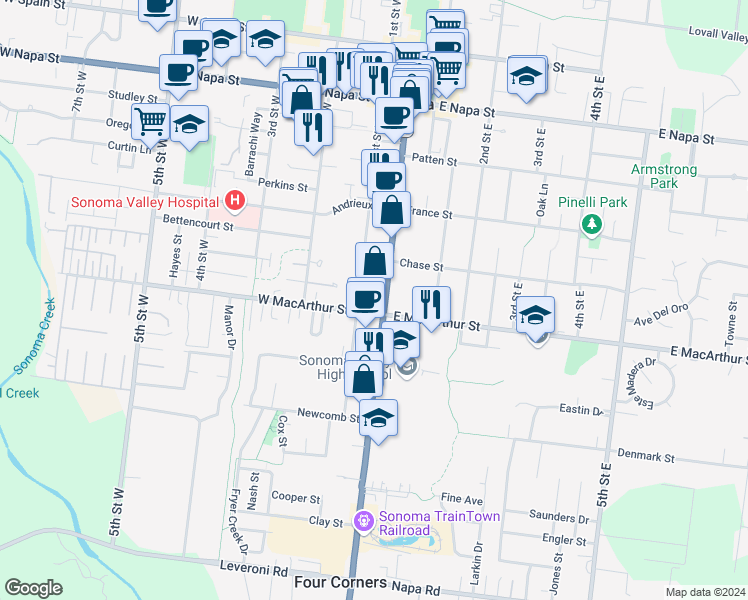 map of restaurants, bars, coffee shops, grocery stores, and more near 885 Broadway in Sonoma