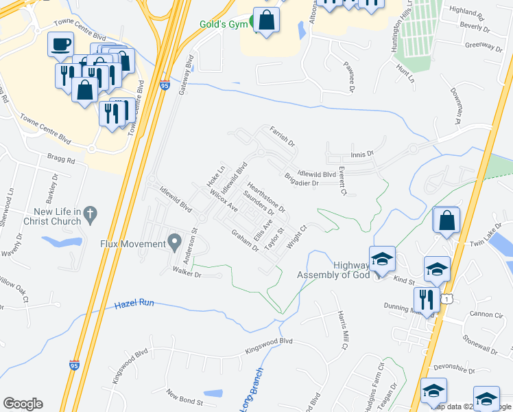 map of restaurants, bars, coffee shops, grocery stores, and more near 1308 Saunders Drive in Fredericksburg