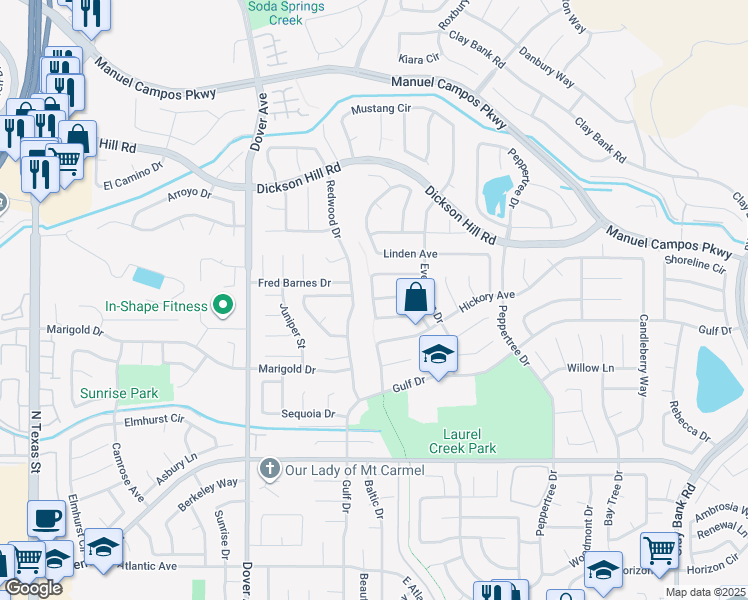 map of restaurants, bars, coffee shops, grocery stores, and more near Pecan Drive in Fairfield