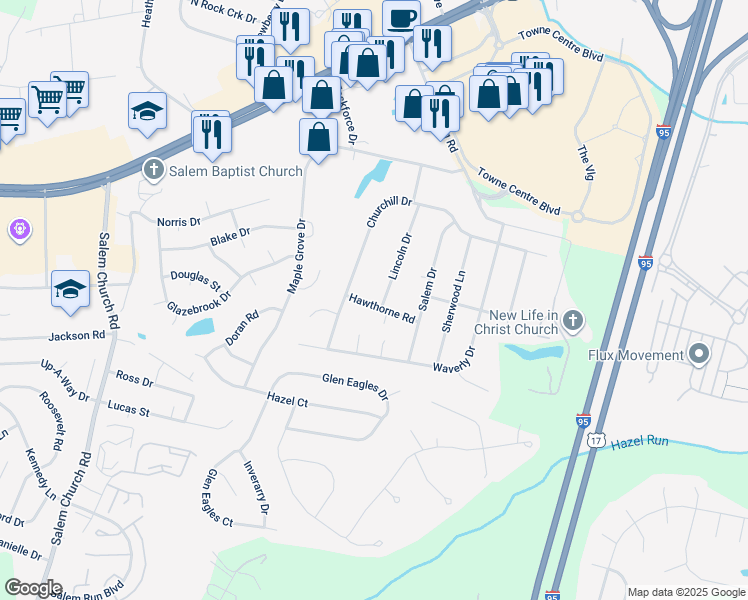 map of restaurants, bars, coffee shops, grocery stores, and more near 800 Lincoln Drive in Fredericksburg
