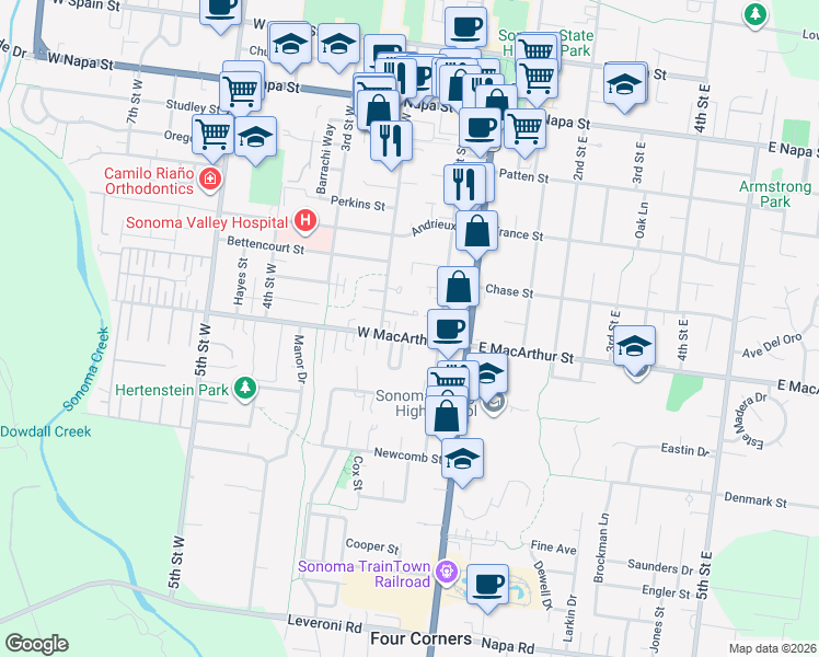 map of restaurants, bars, coffee shops, grocery stores, and more near 152 West Macarthur Street in Sonoma