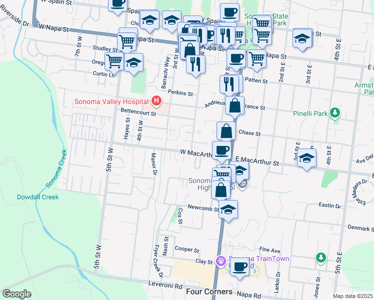 map of restaurants, bars, coffee shops, grocery stores, and more near 230 West Macarthur Street in Sonoma