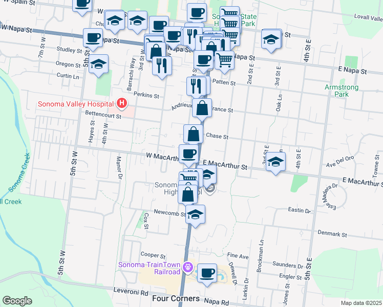map of restaurants, bars, coffee shops, grocery stores, and more near 845 1st Street West in Sonoma