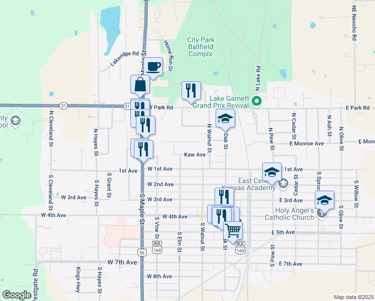 map of restaurants, bars, coffee shops, grocery stores, and more near Ivy Terrace in Garnett