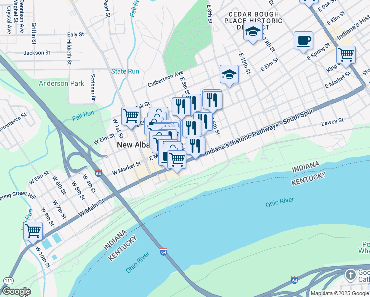 map of restaurants, bars, coffee shops, grocery stores, and more near 210 East 3rd Street in New Albany