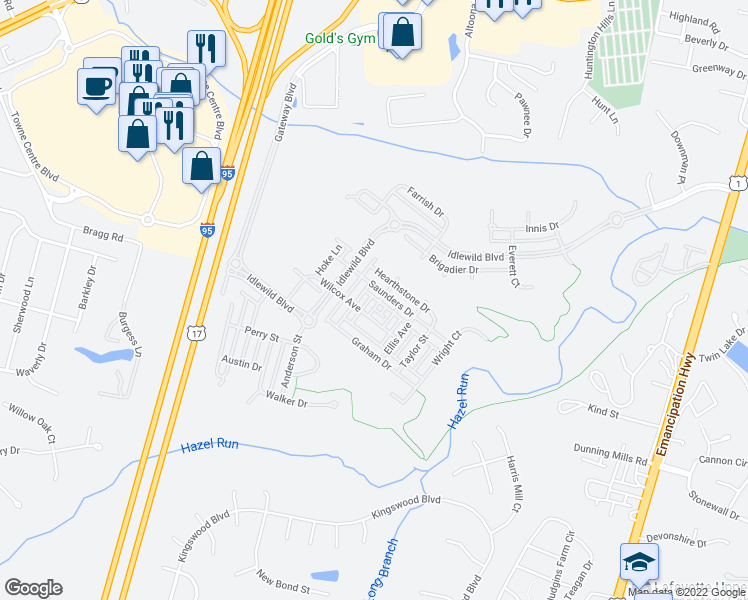 map of restaurants, bars, coffee shops, grocery stores, and more near 1107 Farrish Place in Fredericksburg