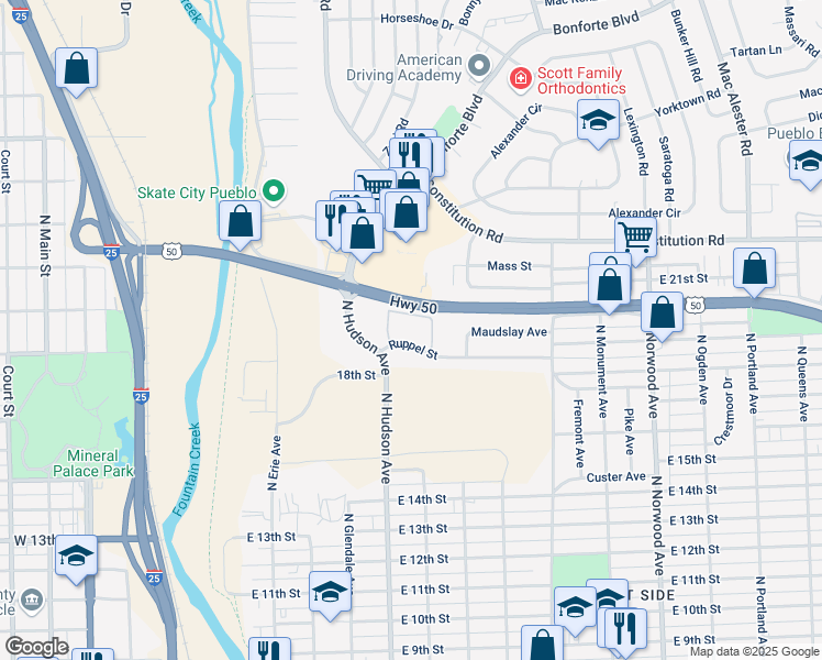 map of restaurants, bars, coffee shops, grocery stores, and more near 1005 Ruppel Street in Pueblo