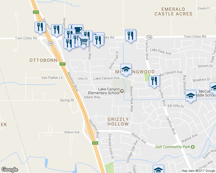 map of restaurants, bars, coffee shops, grocery stores, and more near 815 Corvey Circle in Galt