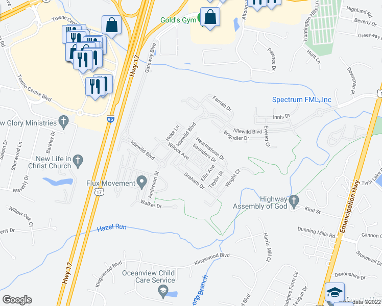 map of restaurants, bars, coffee shops, grocery stores, and more near 1112 Patrick Street in Fredericksburg