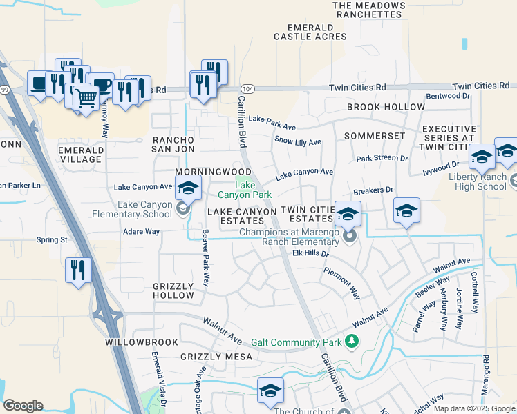 map of restaurants, bars, coffee shops, grocery stores, and more near 1099 Cedar Canyon Circle in Galt