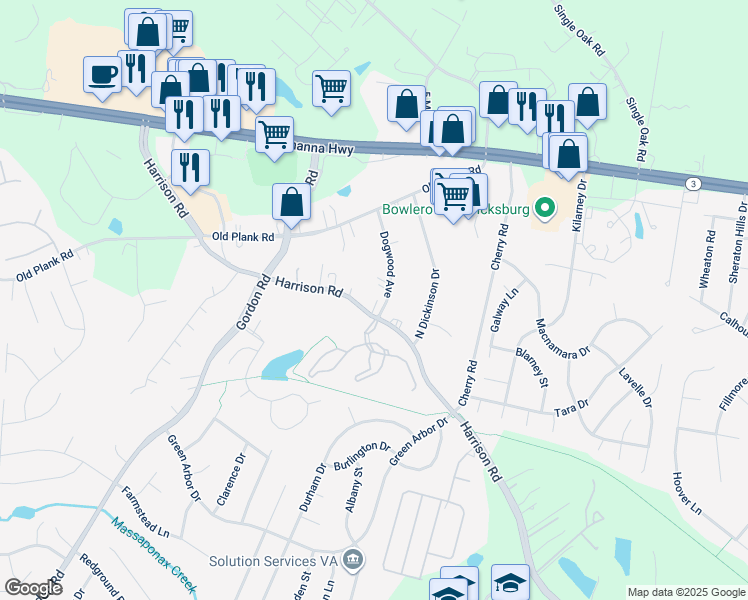 map of restaurants, bars, coffee shops, grocery stores, and more near 6705 Harrison Road in Fredericksburg