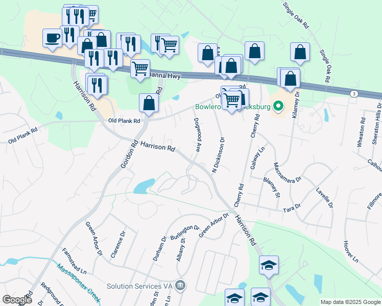 map of restaurants, bars, coffee shops, grocery stores, and more near 6705 Harrison Road in Fredericksburg