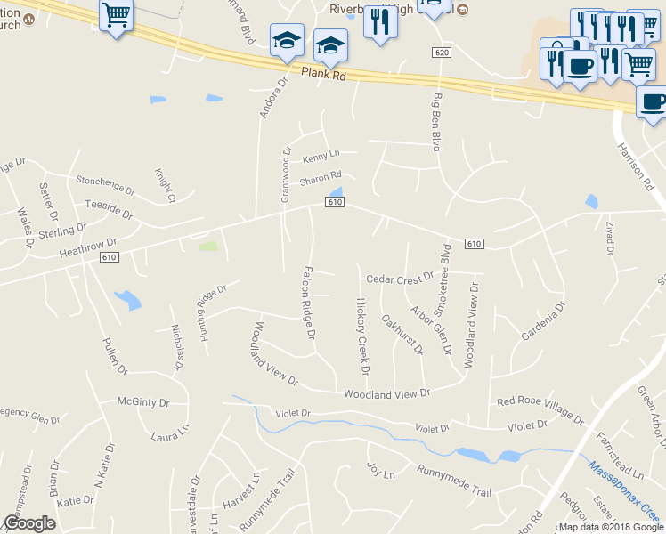 map of restaurants, bars, coffee shops, grocery stores, and more near 7303 Sunset Ridge Court in Fredericksburg
