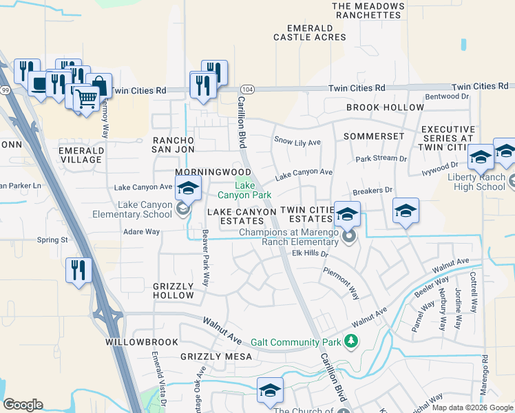 map of restaurants, bars, coffee shops, grocery stores, and more near Cedar Canyon Circle & Olive Canyon Drive in Galt