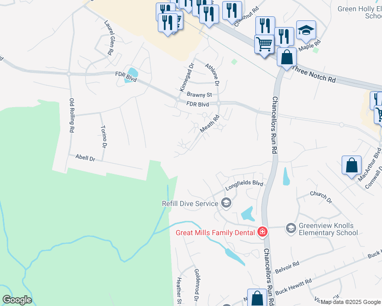 map of restaurants, bars, coffee shops, grocery stores, and more near 45501 Knockeyon Lane in Great Mills