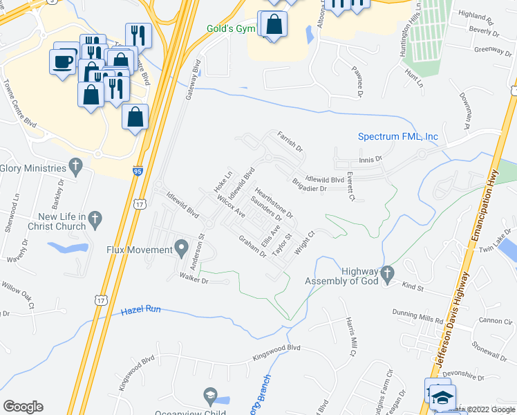 map of restaurants, bars, coffee shops, grocery stores, and more near 1145 Farrish Place in Fredericksburg
