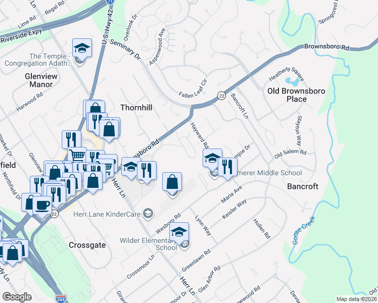 map of restaurants, bars, coffee shops, grocery stores, and more near 2611 Alia Circle in Louisville