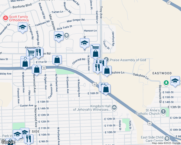 map of restaurants, bars, coffee shops, grocery stores, and more near 1920 North Salem Avenue in Pueblo