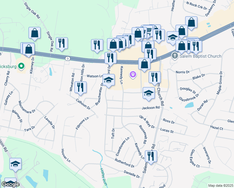 map of restaurants, bars, coffee shops, grocery stores, and more near 11905 Madison Court in Fredericksburg