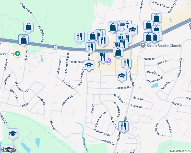 map of restaurants, bars, coffee shops, grocery stores, and more near 11905 Madison Court in Fredericksburg