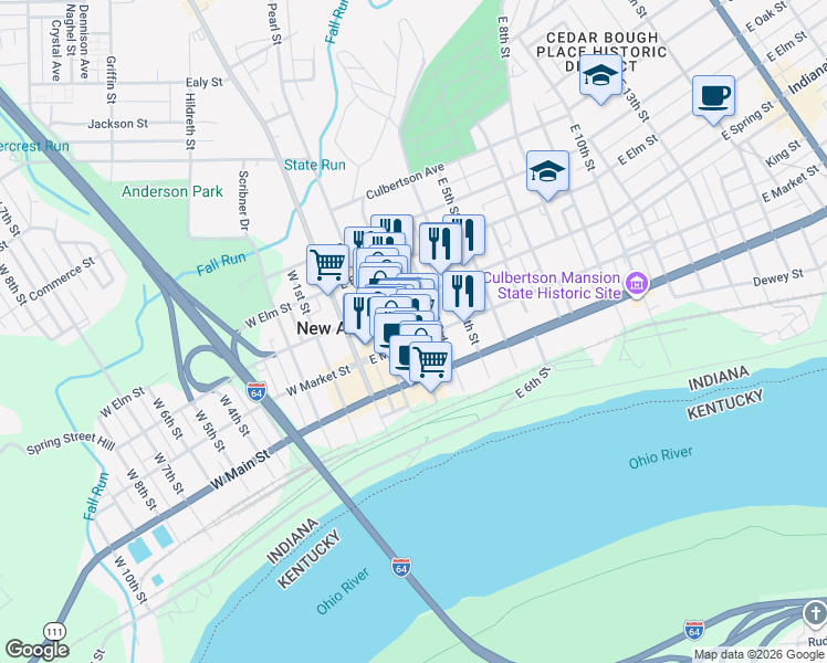 map of restaurants, bars, coffee shops, grocery stores, and more near 222 East Spring Street in New Albany