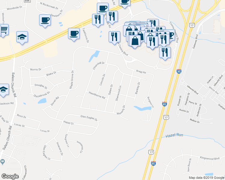 map of restaurants, bars, coffee shops, grocery stores, and more near 3327 Somerset Lane in Fredericksburg
