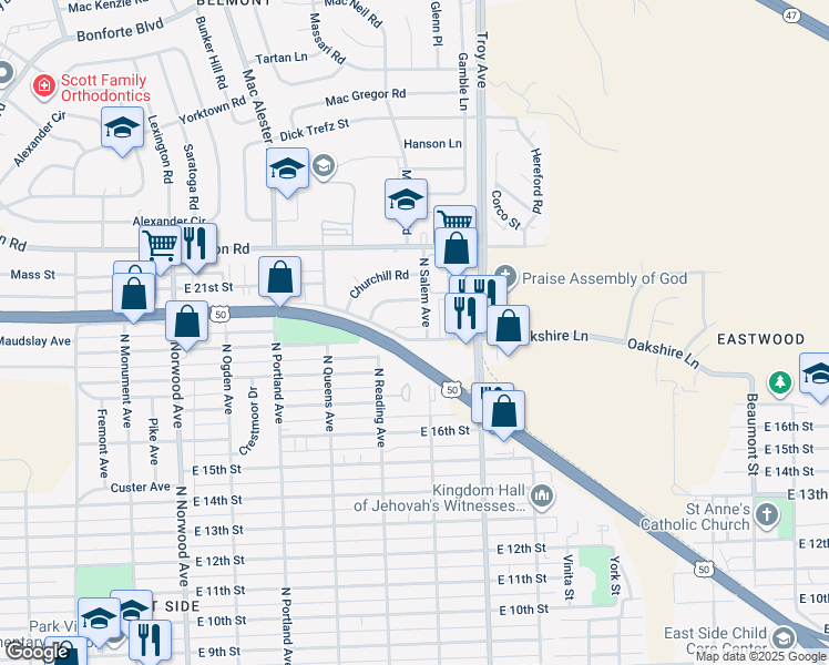 map of restaurants, bars, coffee shops, grocery stores, and more near 1705 Oakshire Lane in Pueblo