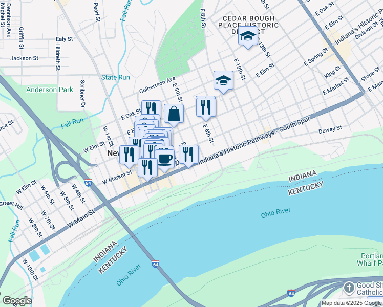 map of restaurants, bars, coffee shops, grocery stores, and more near 210 East 3rd Street in New Albany