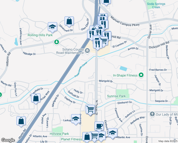 map of restaurants, bars, coffee shops, grocery stores, and more near 3001 North Texas Street in Fairfield