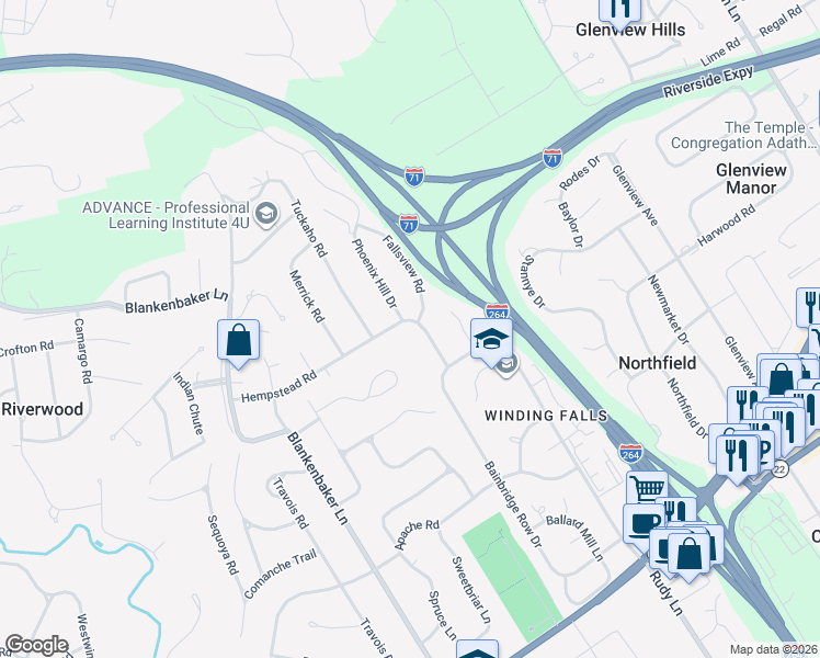 map of restaurants, bars, coffee shops, grocery stores, and more near 5505 Hempstead Road in Louisville