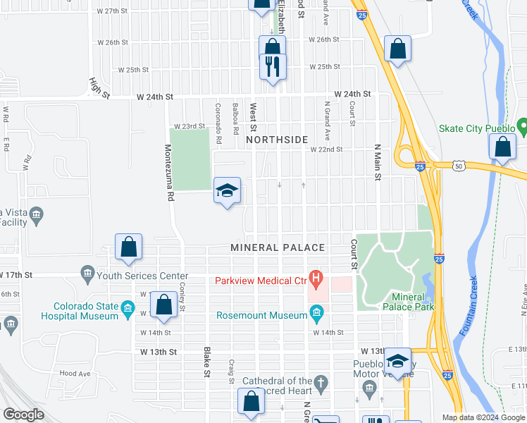 map of restaurants, bars, coffee shops, grocery stores, and more near 616 West 20th Street in Pueblo