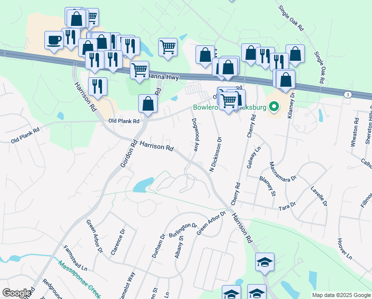 map of restaurants, bars, coffee shops, grocery stores, and more near 6711 Harrison Road in Fredericksburg
