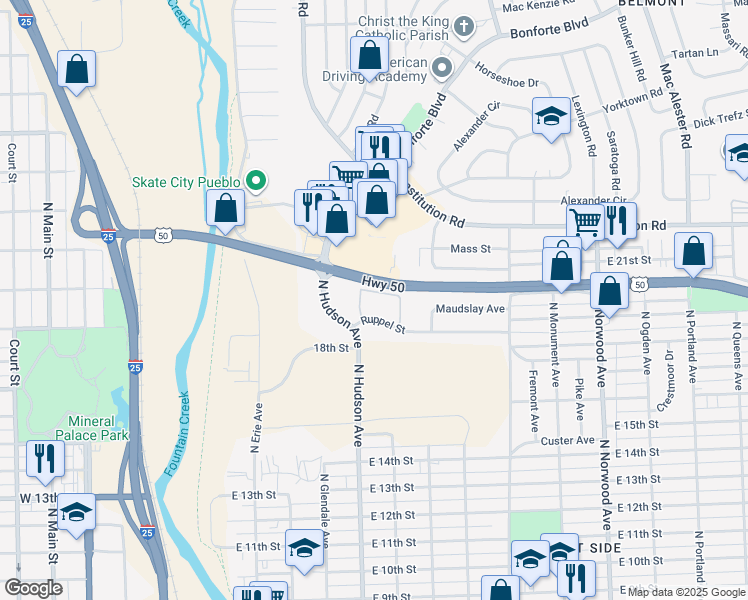 map of restaurants, bars, coffee shops, grocery stores, and more near 1001 Ruppel Street in Pueblo