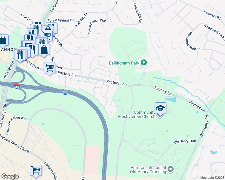 map of restaurants, bars, coffee shops, grocery stores, and more near 13504 Factory Lane in Louisville