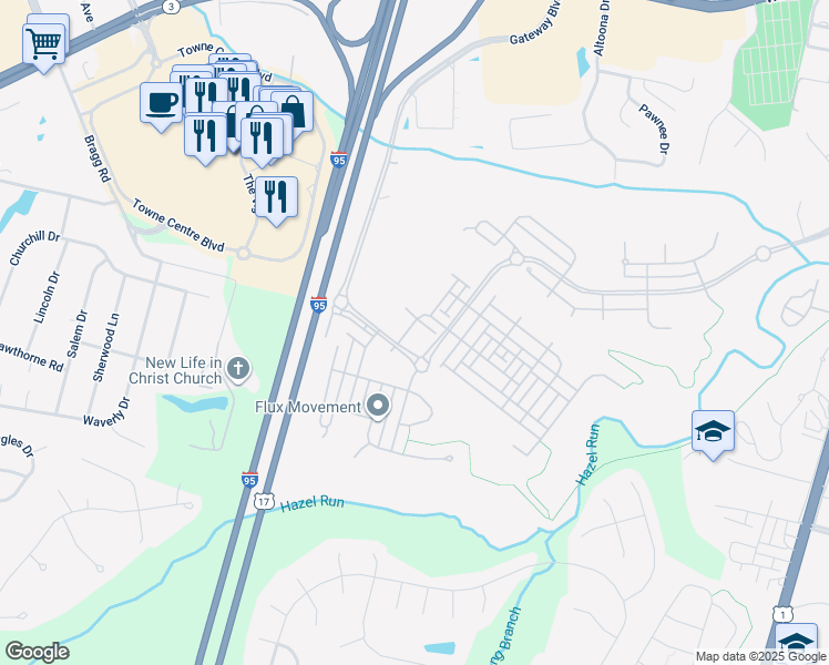 map of restaurants, bars, coffee shops, grocery stores, and more near 2101 Idlewild Boulevard in Fredericksburg