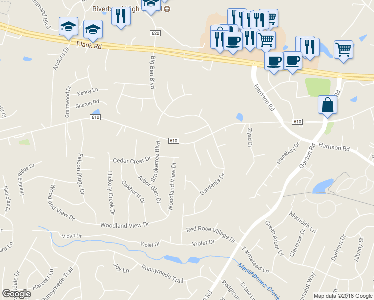 map of restaurants, bars, coffee shops, grocery stores, and more near 6908 Old Plank Road in Fredericksburg