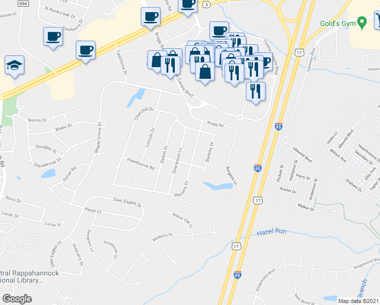 map of restaurants, bars, coffee shops, grocery stores, and more near 3111 Waverly Drive in Fredericksburg